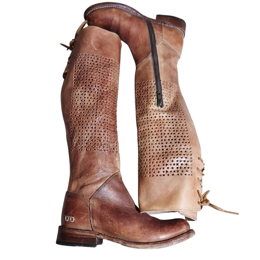 Bed Stu Cambridge Tan Brown Leather Cutout Knee-High Riding Boots - Picture 9 of 14